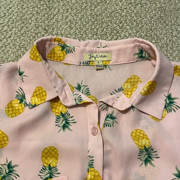 Lily White Pineapple Fruit Crop Tie Front Top / Blouse Short Sleeve Semi Sheeryu - Picture 5 of 7
